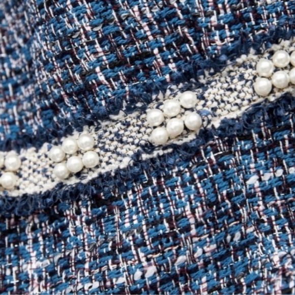 Zara Blue Tweed Blazer with Gorgeous Pearl Trim - Picture 4 of 12